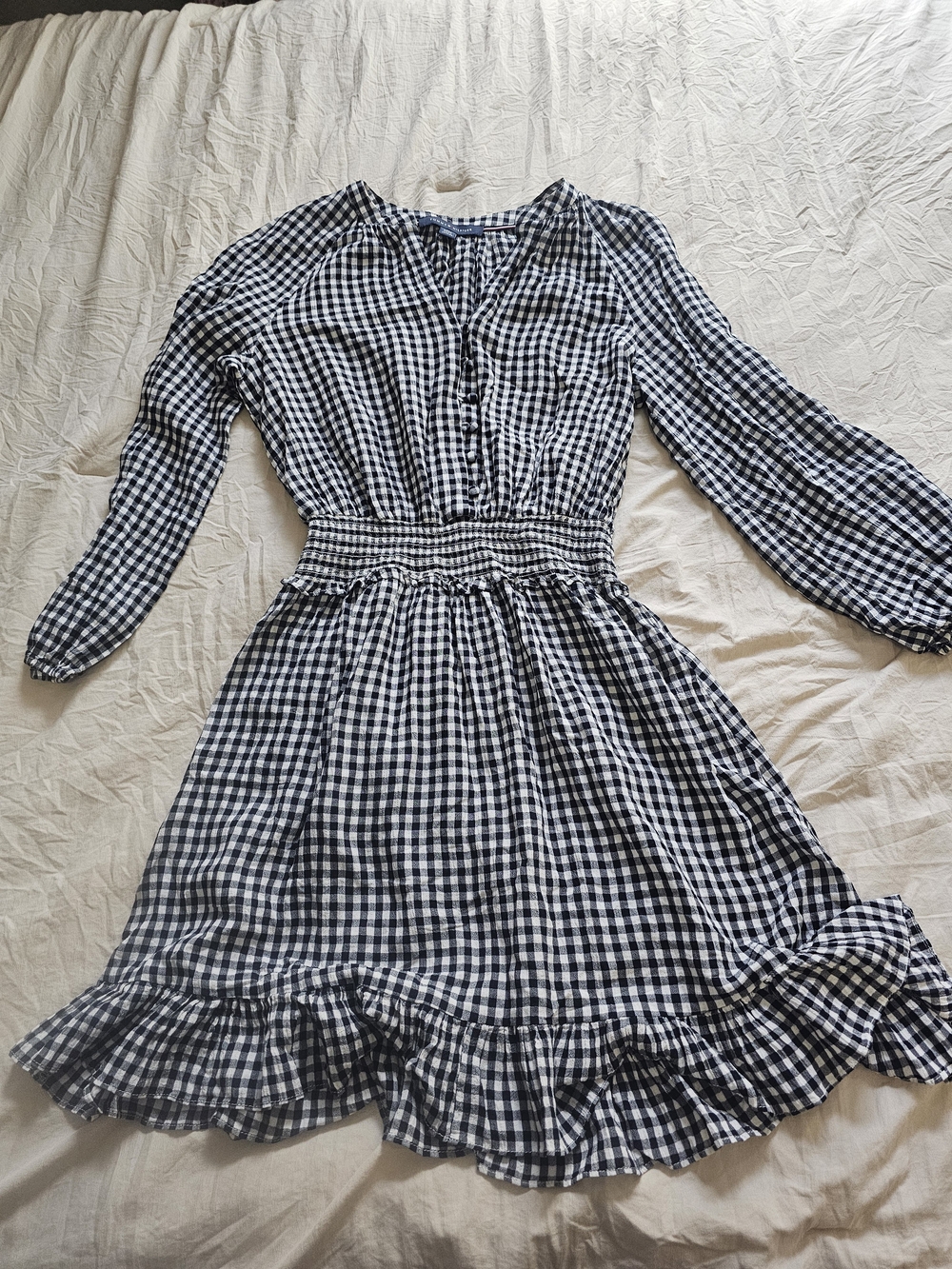 Tommy Hilfiger Navy White Gingham Midi Dress XS Smocked Waist Ruffle Hem
